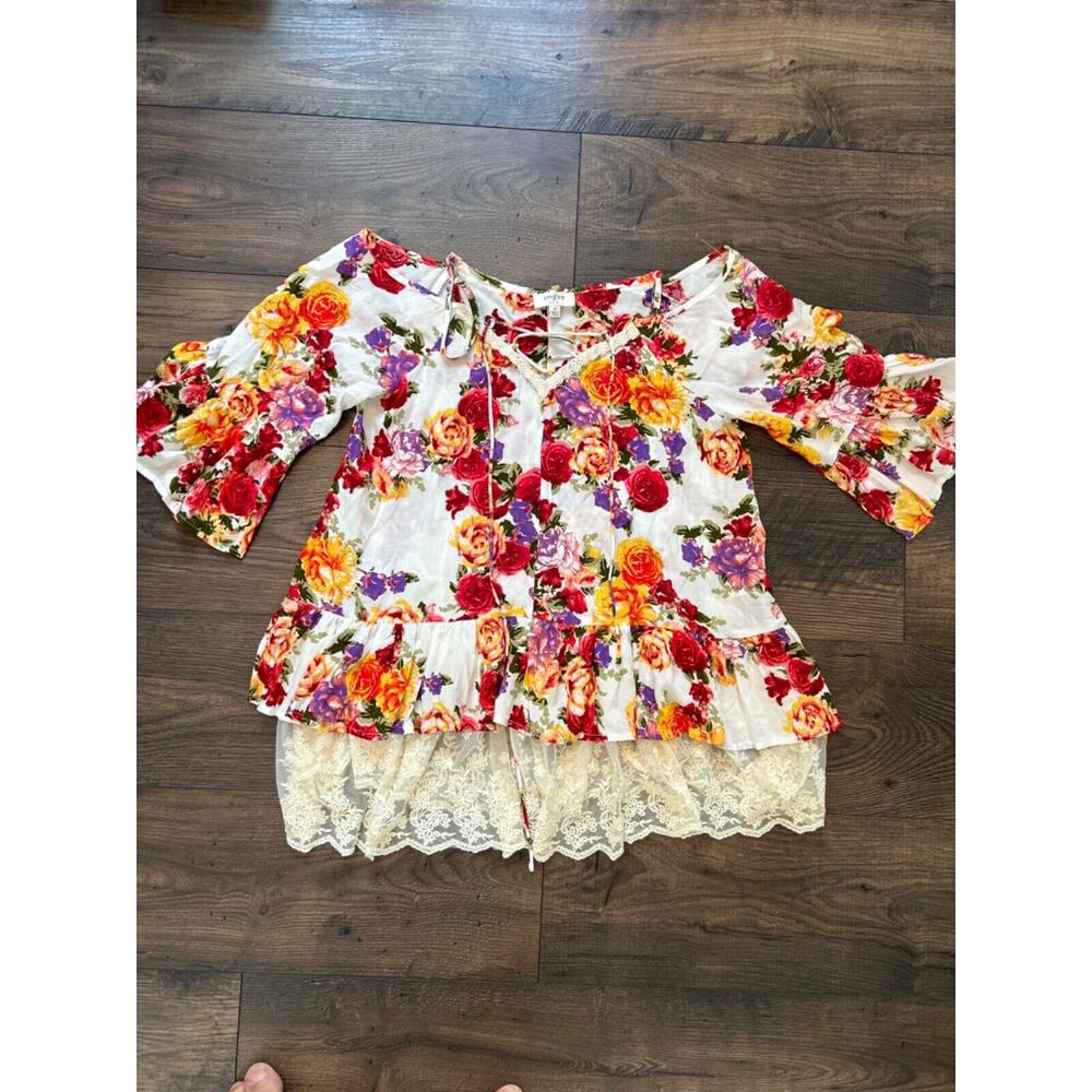 Umgee Top Womens Medium Babydoll Blouse Colorful Floral Puff Sleeve Top